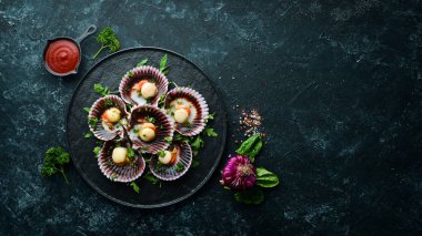 Maydanoz ve baharatla kabuklu fırında deniz tarağı. Üst Manzara. Metnin için boş yer.