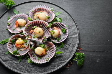 Maydanoz ve baharatla kabuklu fırında deniz tarağı. Üst Manzara. Metnin için boş yer.