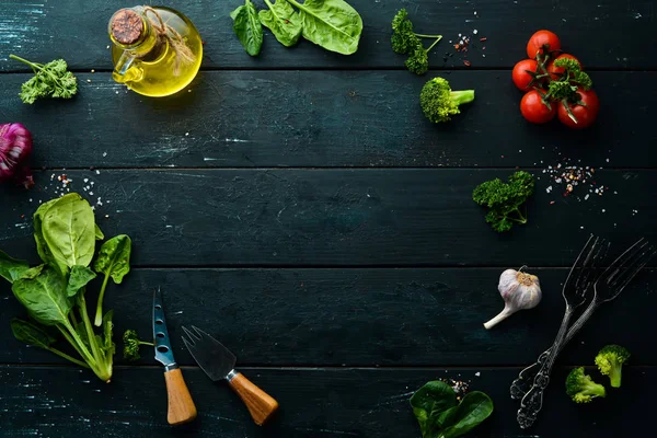 Fundo Alimentar Legumes Especiarias Ervas Mesa Cozinha Vista Superior Espaço — Fotografia de Stock