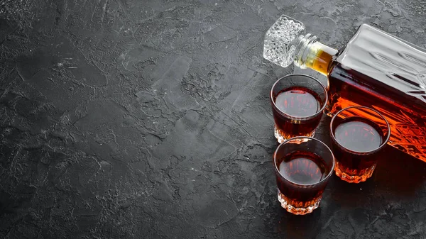 Slivovica Plum Vodka Plum Brandy Bottle Black Stone Table Glasses — Stock Photo, Image