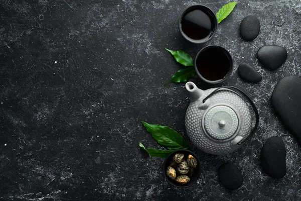 Λευκό Κινέζικο Παραδοσιακό Τσάι Ρουστίκ Φόντο Στο Πάνω Μέρος Ελεύθερος — Φωτογραφία Αρχείου