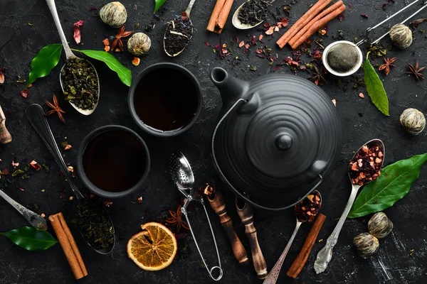 Ορισμός Παραδοσιακό Κινέζικο Τσάι Μαύρο Φόντο Πέτρα Τσάι Τσαγιέρα Και — Φωτογραφία Αρχείου