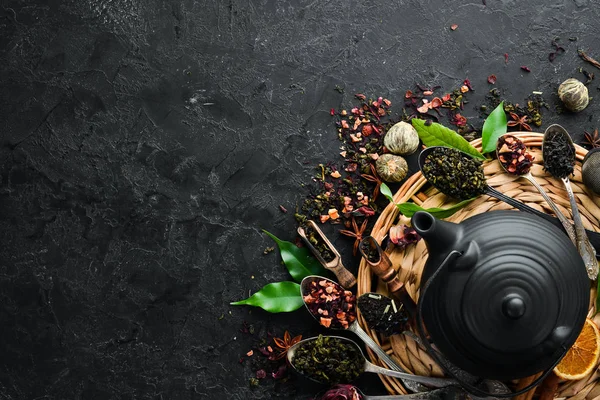 Establecer Tradicional Chino Sobre Fondo Piedra Negra Tetera Taza Vista — Foto de Stock