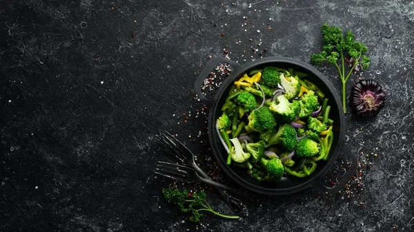 Verdure Verdi Stufate Padella Broccoli Fagioli Piselli Verdi Vista Dall — Foto Stock