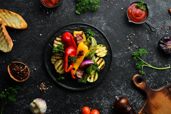 Izgara Sebze Paprika Soğan Patlıcan Kabak Üst Manzara Metnin Için — Stok fotoğraf