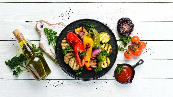 Grilled Vegetables Paprika Onion Eggplant Zucchini Top View Free Space — Stock Photo, Image