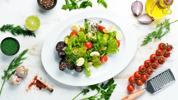 Salad Vegetables Blood Sausage Mushrooms Plate Top View Free Space — Stock Photo, Image