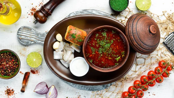 Řepný Borsch Sádlem Zakysanou Smetanou Ukrajinská Kuchyně Horní Pohled Volné — Stock fotografie