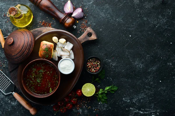 Borsch Beterraba Com Banha Creme Azedo Cozinha Ucraniana Vista Superior — Fotografia de Stock