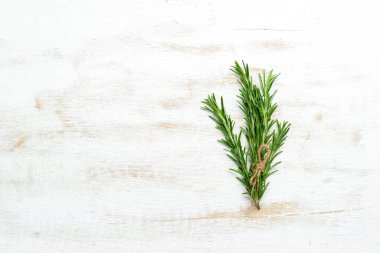 Beyaz ahşap arka planda taze biberiye. Baharatlar ve bitkiler. Üst Manzara. Metnin için boş yer.