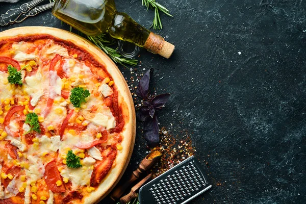 Homemade Pizza Chicken Tomatoes Corn Top View Free Space Your — Stock Photo, Image