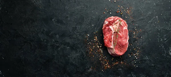 Nyers Márványhús Ribeye Black Angus Steak Első Látásra Szabad Hely — Stock Fotó