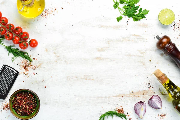 Banner Comida Especias Verduras Hierbas Sobre Fondo Madera Blanca Vista — Foto de Stock