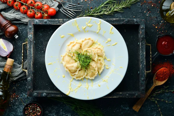 Bolinhos Batata Com Creme Azedo Cozinha Ucraniana Visão Superior Espaço — Fotografia de Stock