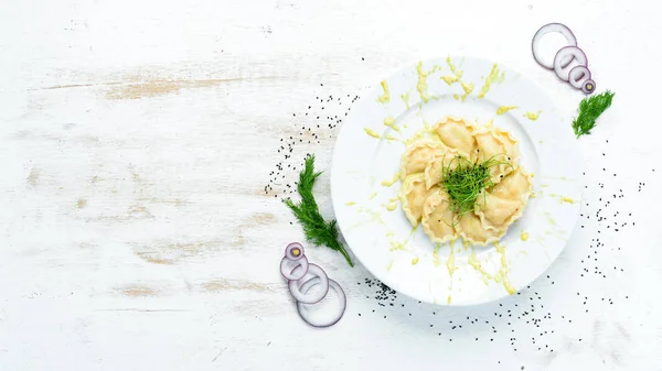 Albóndigas Patata Con Crema Agria Cocina Ucraniana Vista Superior Espacio —  Fotos de Stock