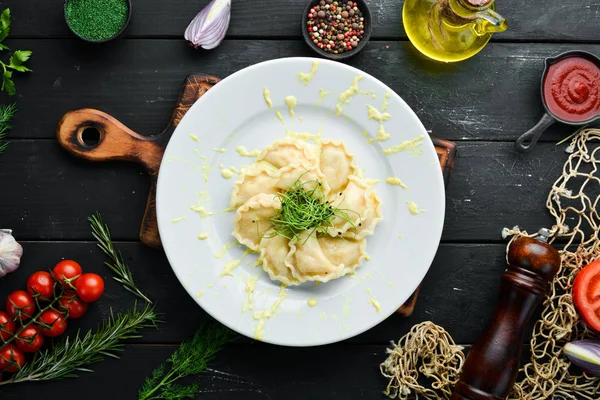 Albóndigas Patata Con Crema Agria Cocina Ucraniana Vista Superior Espacio — Foto de Stock