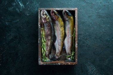 Siyah bir arka plan üzerinde çiğ balık alabalığı. Üst te. Metniniz için boş alan.