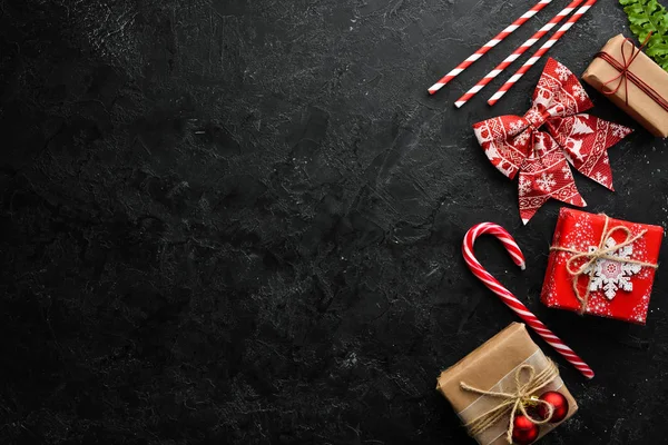 Natale Capodanno Sfondo Nero Con Regali Foglia Tropicale Vista Dall — Foto Stock