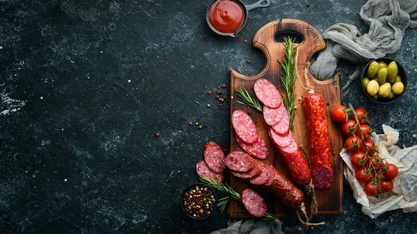 Traditional Smoked Salami Sausage Spices Slice Sausages Rosemary Top View — Stok fotoğraf