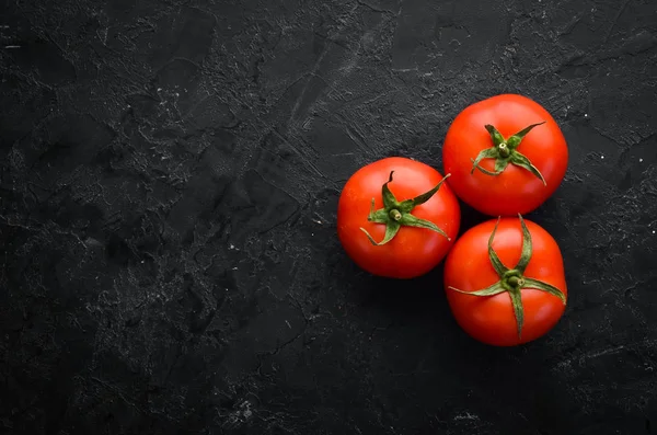 Fresh Red Tomatoes Dark Background Vegetables Top View Free Space — 스톡 사진