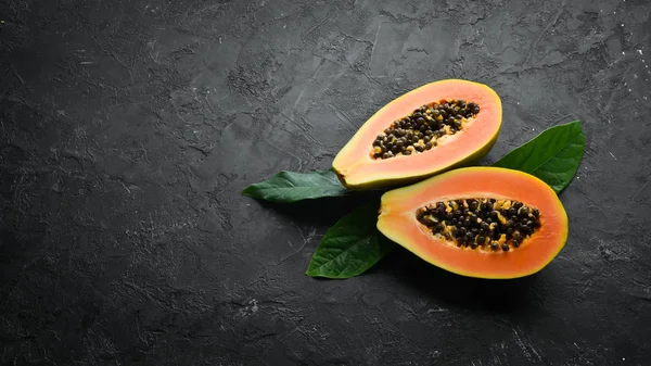 Fresh Papaya Old Background Tropical Fruits Top View Free Space — 스톡 사진