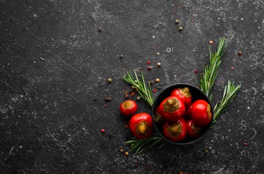 Pickled peppers paperoni. Chili peppers. Top view. Free space for your text.