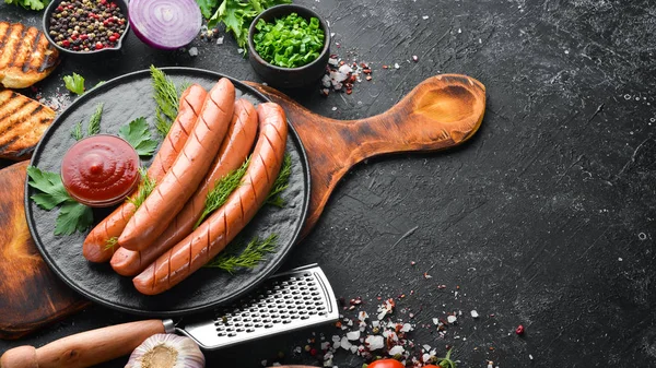 Boiled Sausage Ketchup Black Plate Top View Free Space Your — 스톡 사진
