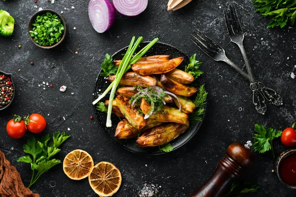 Patate Forno Con Cipolle Aglio Vista Dall Alto Spazio Libero — Foto Stock