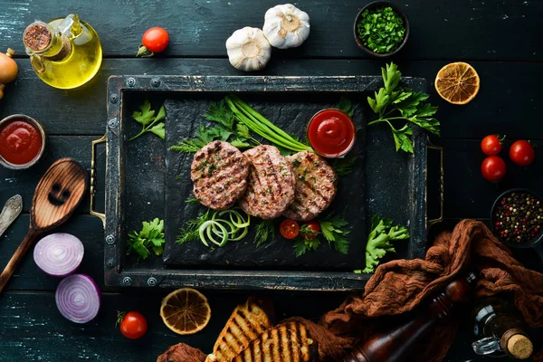 Grilled Meat Cutlets Cutlets Burger Top View Free Space Your — 스톡 사진