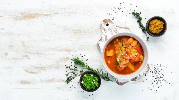 Kipnuggets Frietjes Saus Bovenaanzicht Vrije Ruimte Voor Tekst — Stockfoto