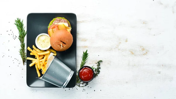 Burger Meat Cheese French Fries Top View Free Space Your — Stok fotoğraf