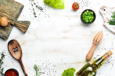 White wooden background of cooking. Top view. Free space for your text.