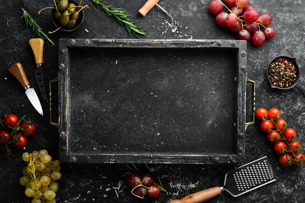 Banner Comida Pedra Preta Espaço Livre Para Seu Texto — Fotografia de Stock