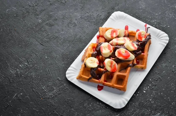 Belgian Waffles Banana Chocolate Top View Free Space Your Text — Stock Photo, Image