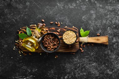 Çam fıstığı yağı ve çam fıstığı. Süper yemek. Metnin için boş yer. Üst görünüm.