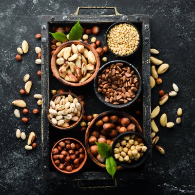 Fındık çeşitleri: Fıstık, fındık, fındık, siyah taşlı fındık. Metnin için boş yer. Üst görünüm.