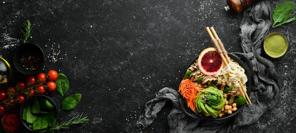 Buddha Bowl Noodles Chickpeas Avocados Mushrooms Healthy Food Top View — Stock Photo, Image