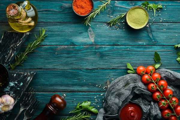 Fondo Negro Para Cocinar Verduras Especias Sobre Mesa Vista Superior — Foto de Stock