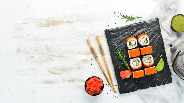 Japanska Sushirullar Med Krabba Sushi Meny För Restaurangen Ovanifrån — Stockfoto