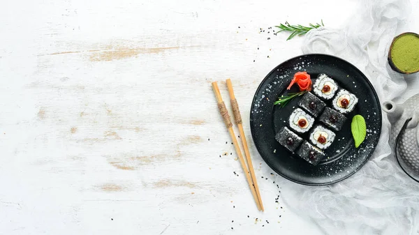 Zestaw Sushi Rybą Węgorza Czarnym Sezamem Menu Sushi Widok Góry — Zdjęcie stockowe