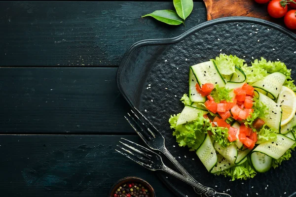 Salad Cucumber Salmon Lettuce Healthy Food Black Stone Plate Top — Stock Photo, Image