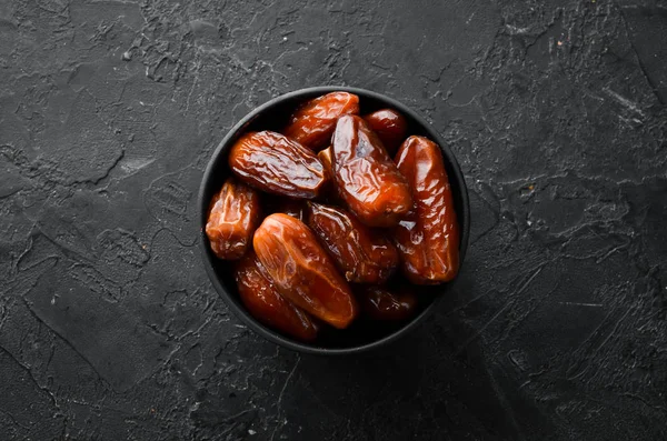 Dates Delicious Sweet Turkish Dates Black Stone Background Top View — Stock Photo, Image