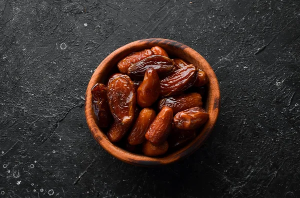 Dates Delicious Sweet Turkish Dates Black Stone Background Top View — Stock Photo, Image