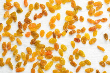 Kurutulmuş meyve. Beyaz üzümlü üzümler. Üst Manzara. Metnin için boş yer.