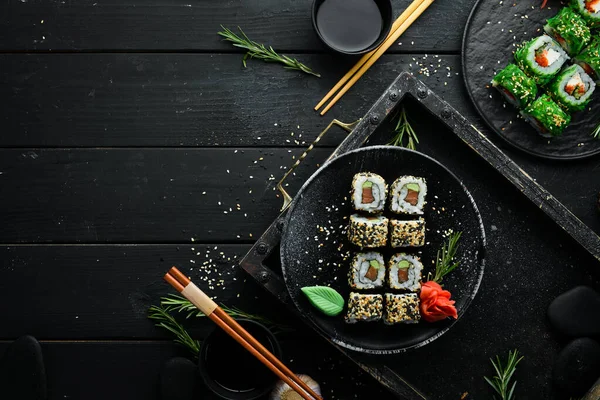 Sushi Rybami Sezamem Wasabi Mořské Sushi Horní Pohled — Stock fotografie