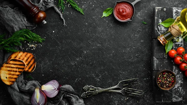 Cooking Banner Vegetables Spices Black Background Free Space Your Text — Stock Photo, Image