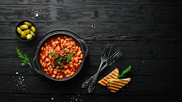 Menú Vegetariano Frijoles Cocidos Salsa Tomate Con Perejil Chile Tazón — Foto de Stock