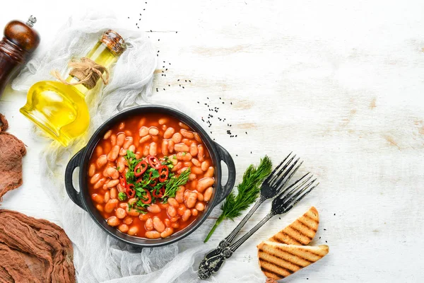 Menú Vegetariano Frijoles Cocidos Salsa Tomate Con Perejil Chile Tazón — Foto de Stock