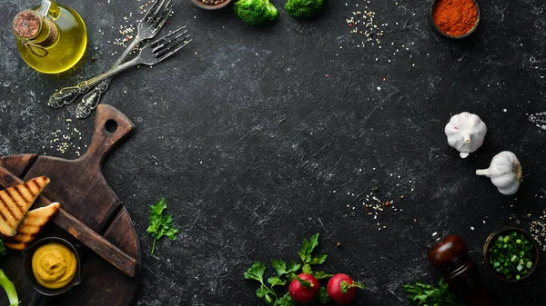 Czarny Kamienny Sztandar Jedzenia Warzyw Przypraw Tło Gotowania — Zdjęcie stockowe