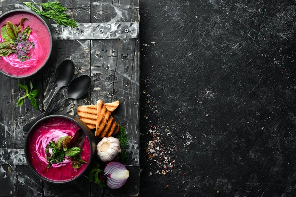 Sopa Beterraba Vermelha Com Creme Azedo Cozinha Ucraniana Sopa Borsch — Fotografia de Stock